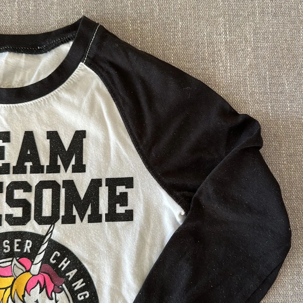 Justice Black and White Team Awesome Unicorn Long Sleeve Tee Size 6